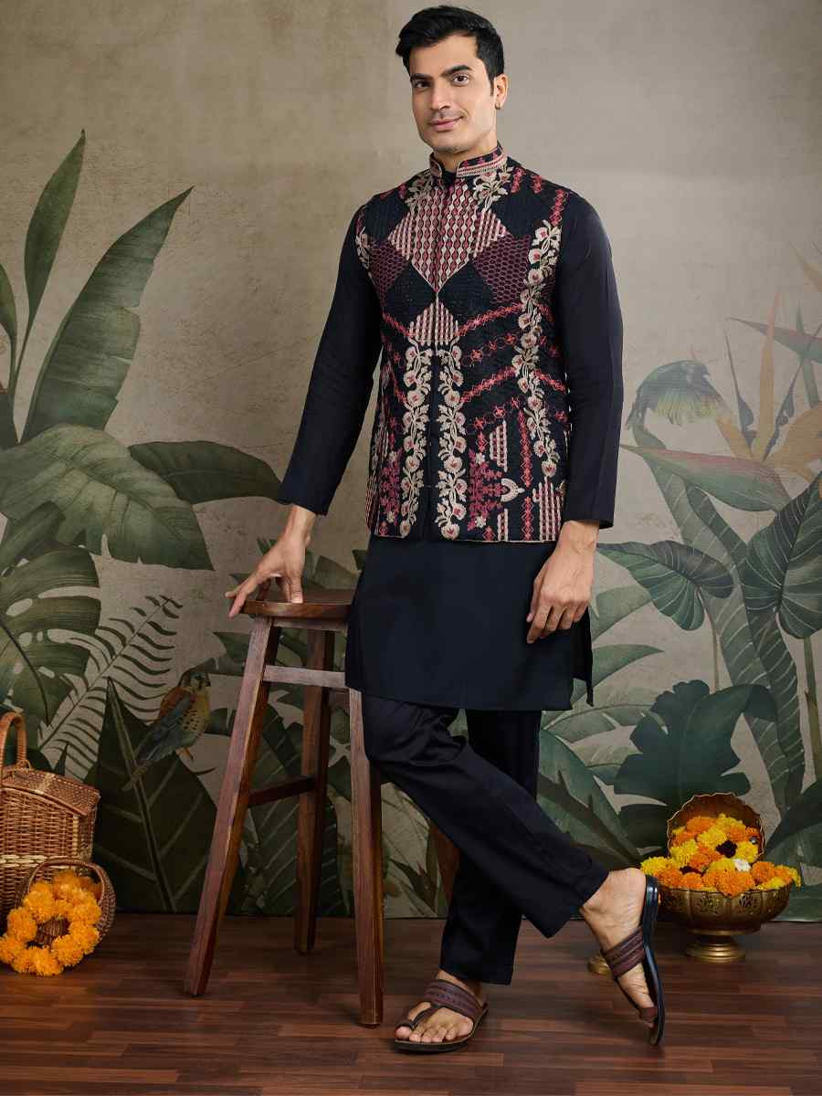 Black Viscose Silk Embroidered Festival Party Kurta with Waistcoat