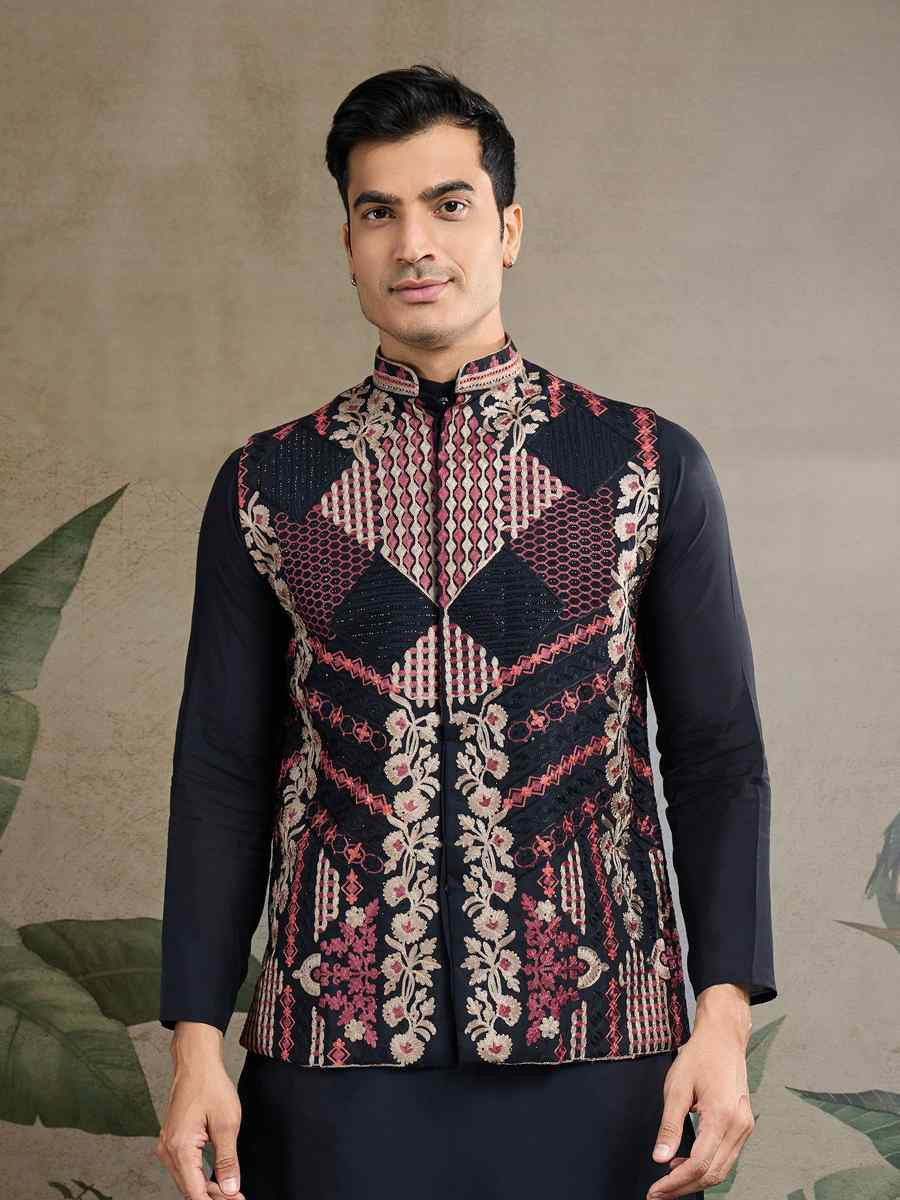 Black Viscose Silk Embroidered Festival Party Kurta with Waistcoat
