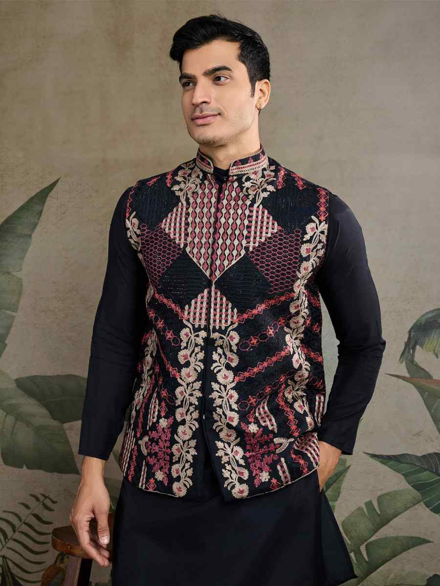 Black Viscose Silk Embroidered Festival Party Kurta with Waistcoat
