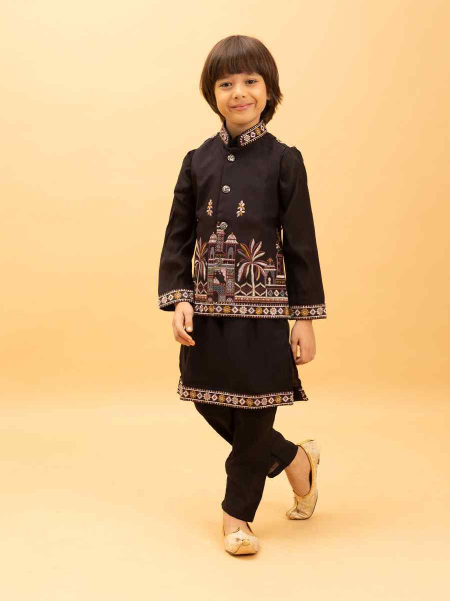 Black Viscose Silk Embroidery Festival Traditional Kurta Pyjama Boys Wear
