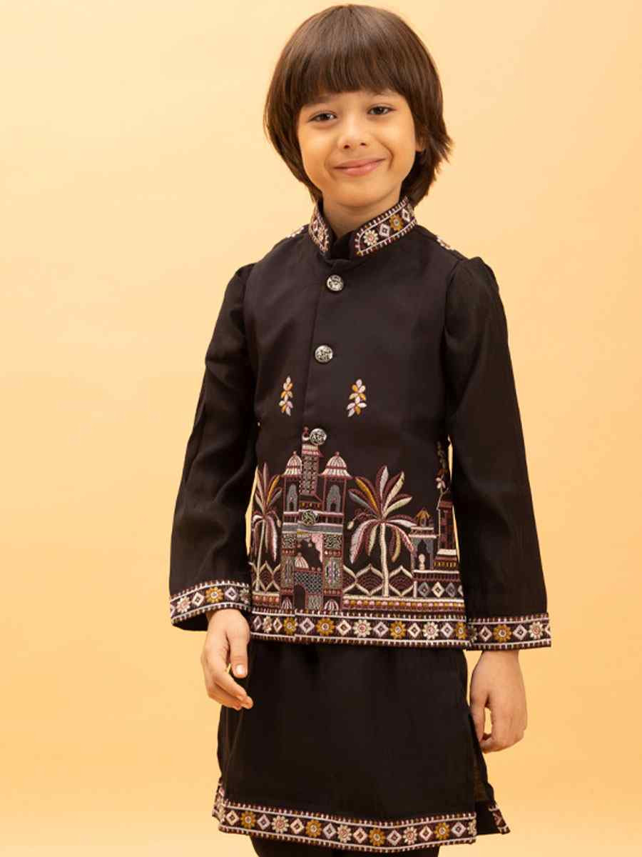 Black Viscose Silk Embroidery Festival Traditional Kurta Pyjama Boys Wear