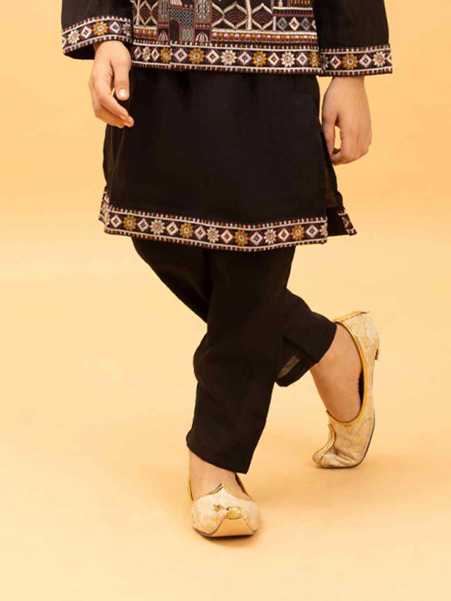 Black Viscose Silk Embroidery Festival Traditional Kurta Pyjama Boys Wear