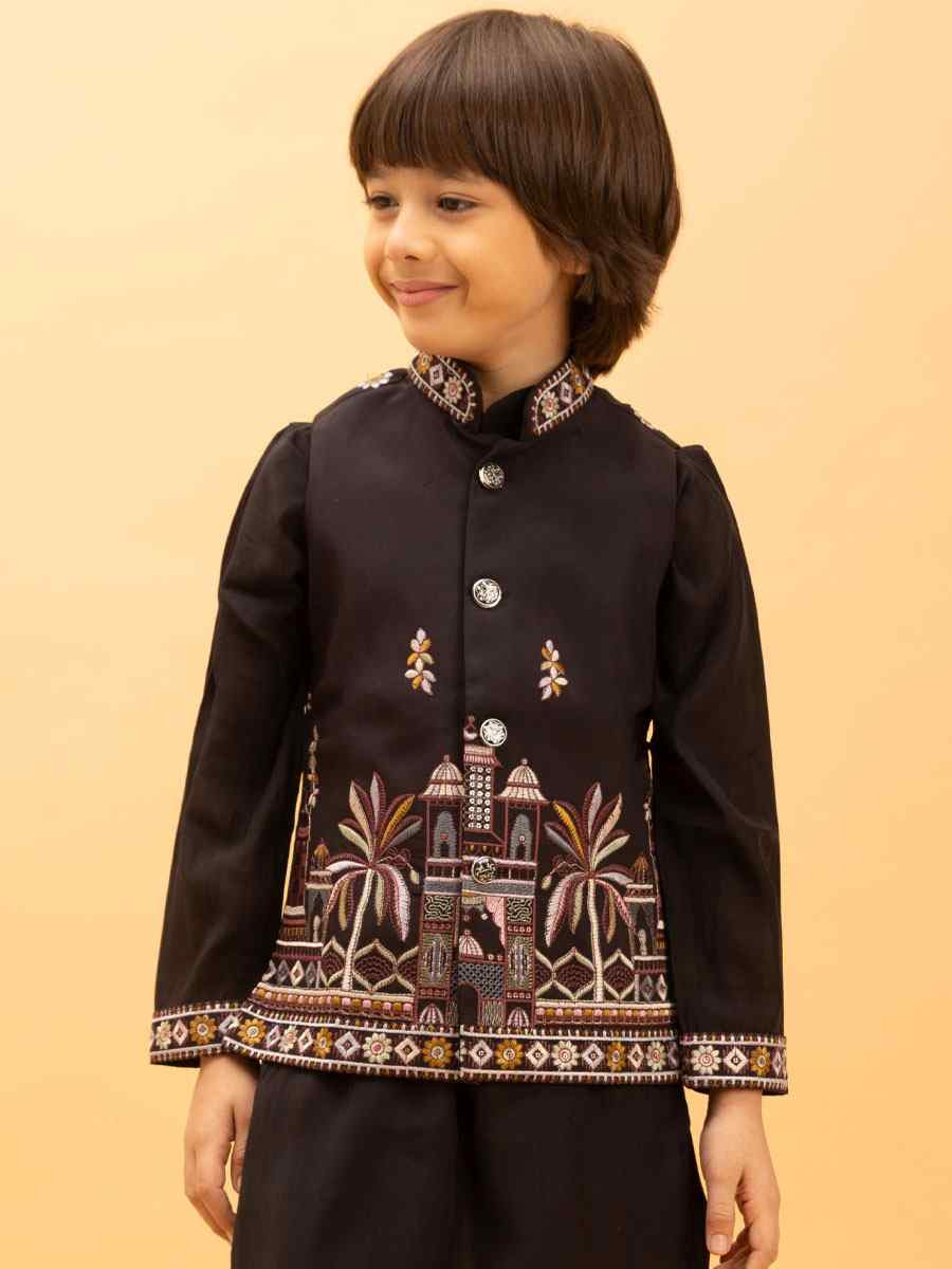 Black Viscose Silk Embroidery Festival Traditional Kurta Pyjama Boys Wear
