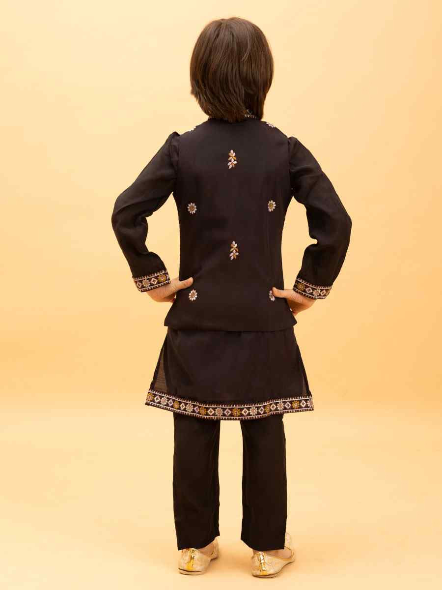 Black Viscose Silk Embroidery Festival Traditional Kurta Pyjama Boys Wear