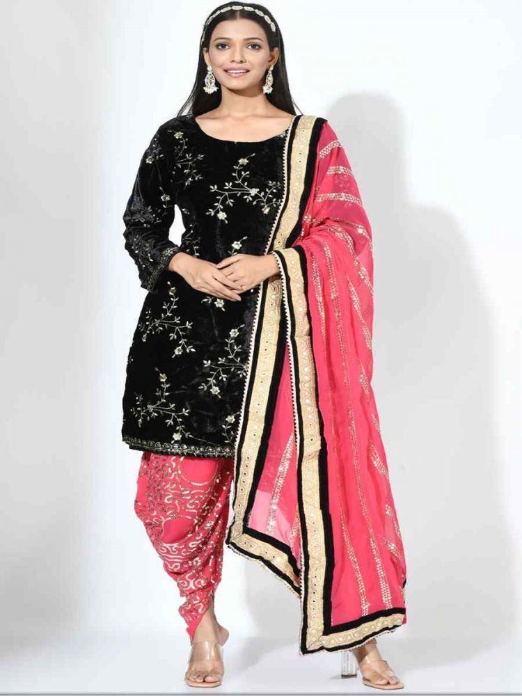 Black Viscose Velvet Embroidered Festival Mehendi Ready Patiala Salwar Kameez