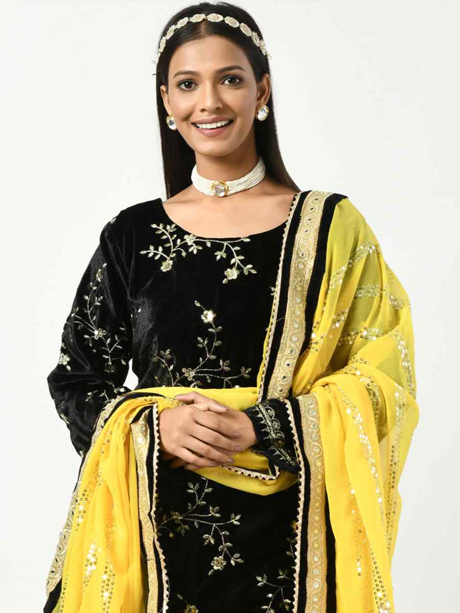 Black Viscose Velvet Embroidered Festival Mehendi Ready Patiala Salwar Kameez