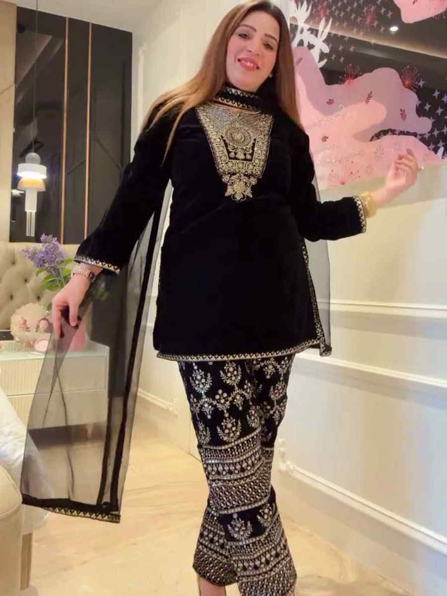 Black Viscose Velvet Embroidery Party Wedding Festival Casual Ready Pant Salwar Kameez