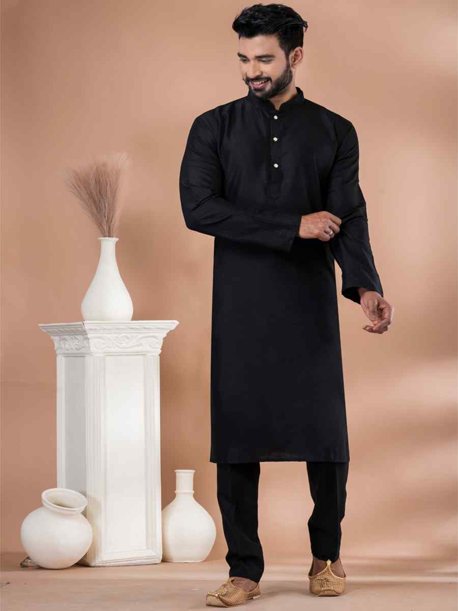 Black Viscose Woven Festival Wedding Kurta