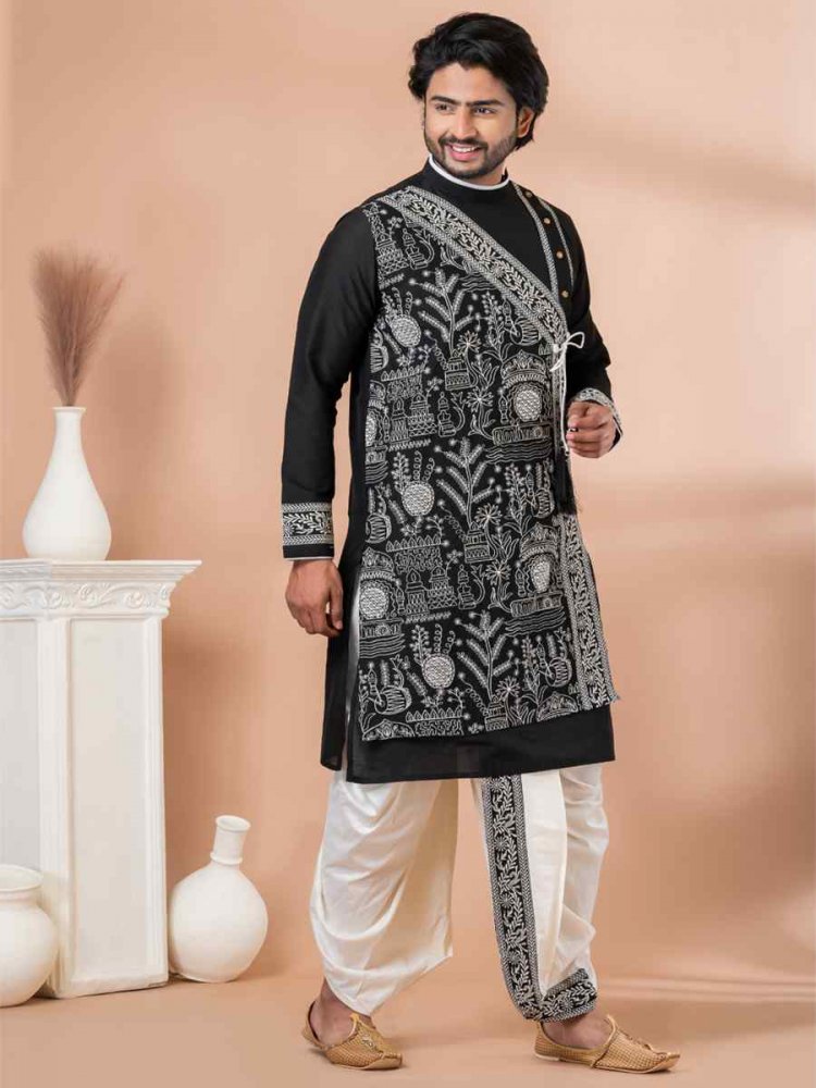 Black Viscose Woven Festival Wedding Kurta