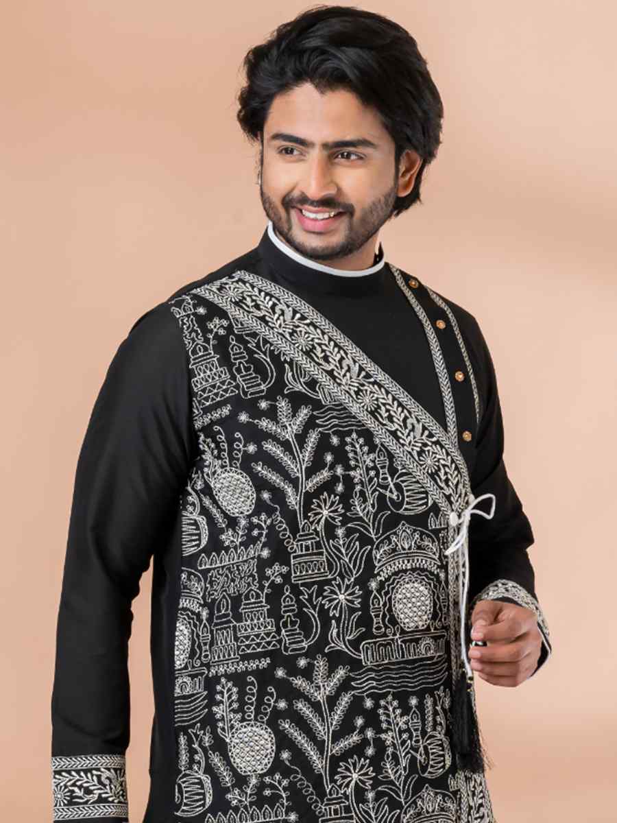 Black Viscose Woven Festival Wedding Kurta