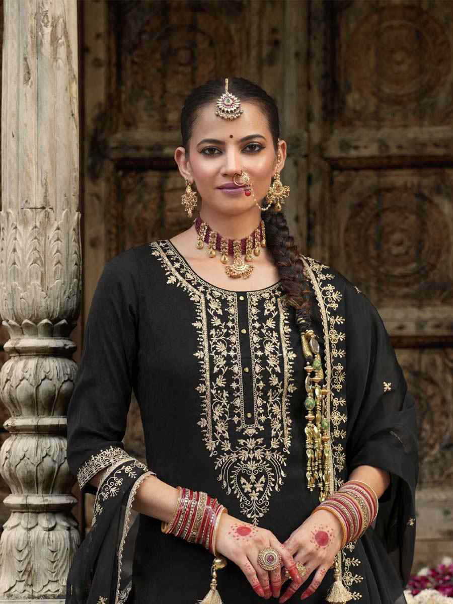 Black Viscouse Self Jacquard Embroidered Festival Mehendi Ready Doti Pant Salwar Kameez
