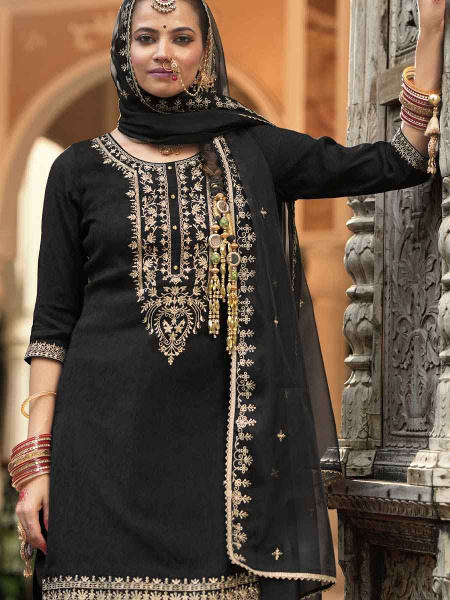 Black Viscouse Self Jacquard Embroidered Festival Mehendi Ready Doti Pant Salwar Kameez