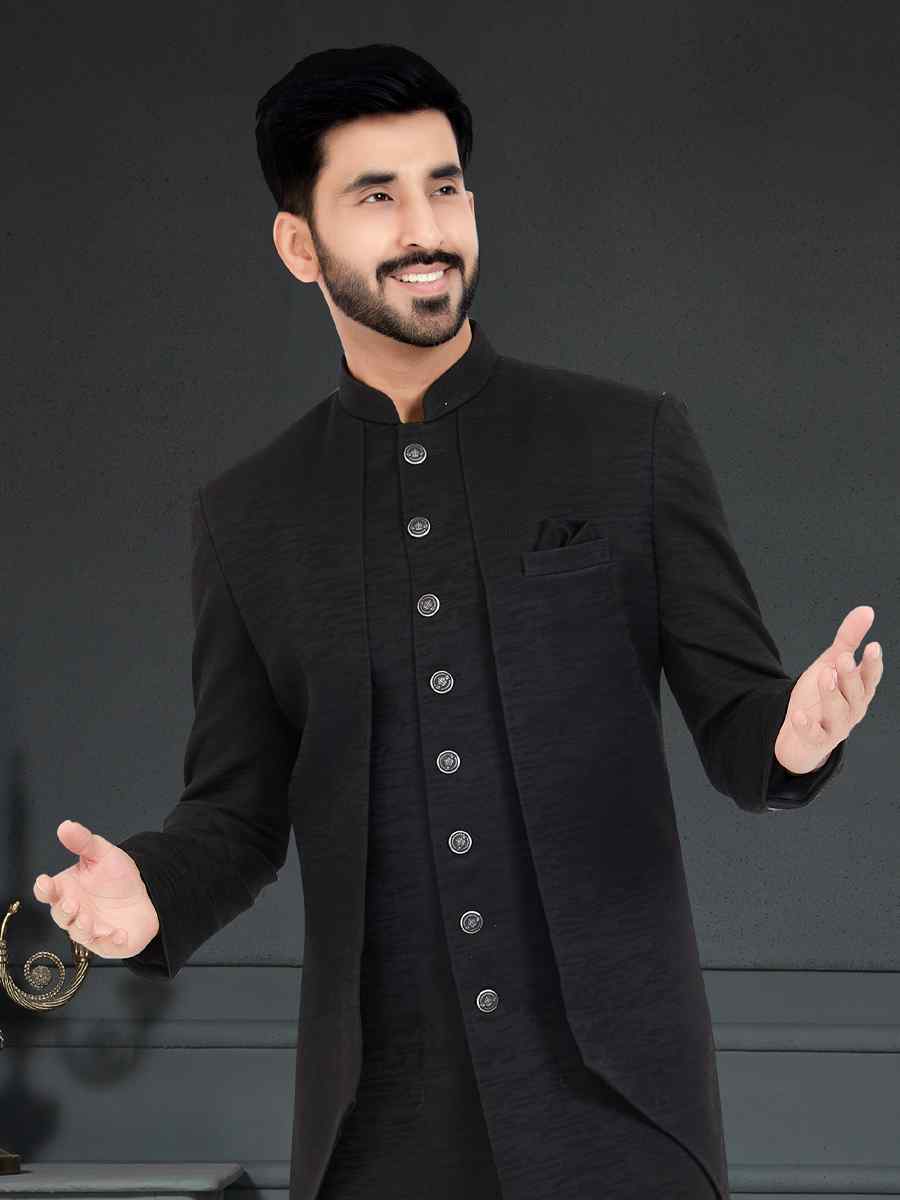 Black Weaving Jecquard Woven Festival Party Sherwani