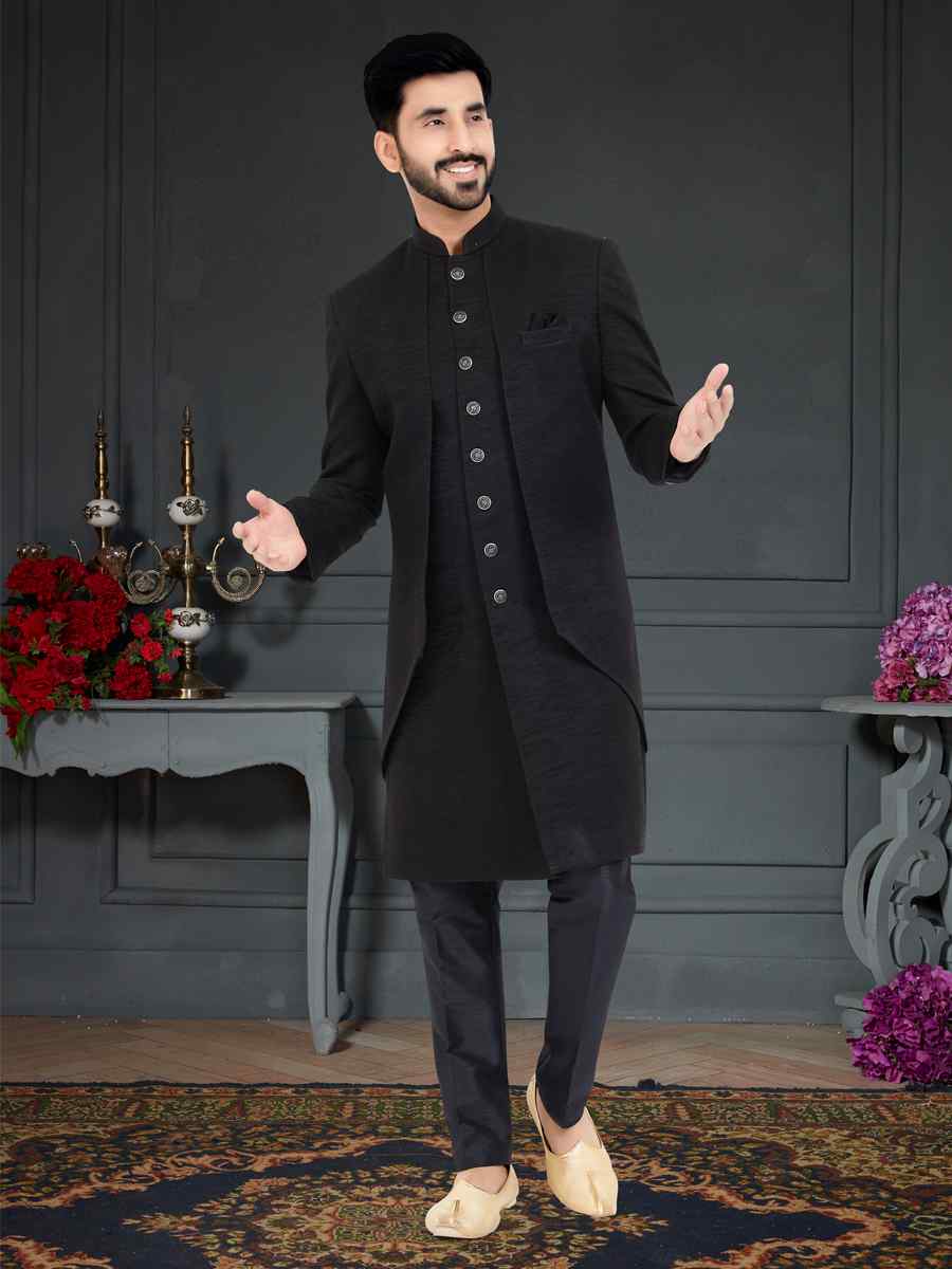 Black Weaving Jecquard Woven Festival Party Sherwani