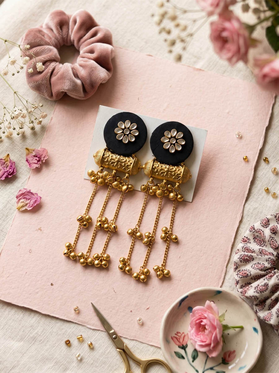 Black Wedding Party Festival Wear Kundan Stone Earrings