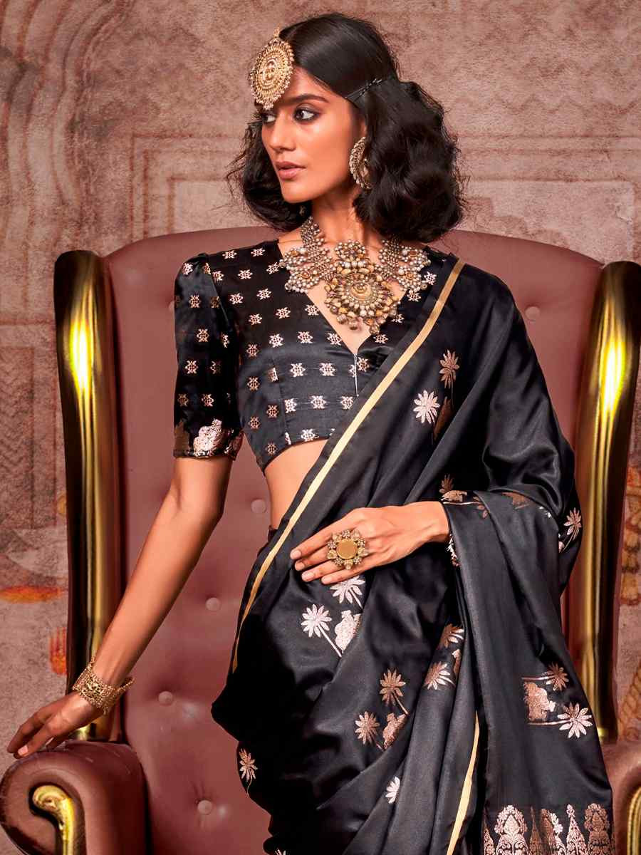 Black Zari Tissue Handwoven Festival Wedding Heavy Border Saree