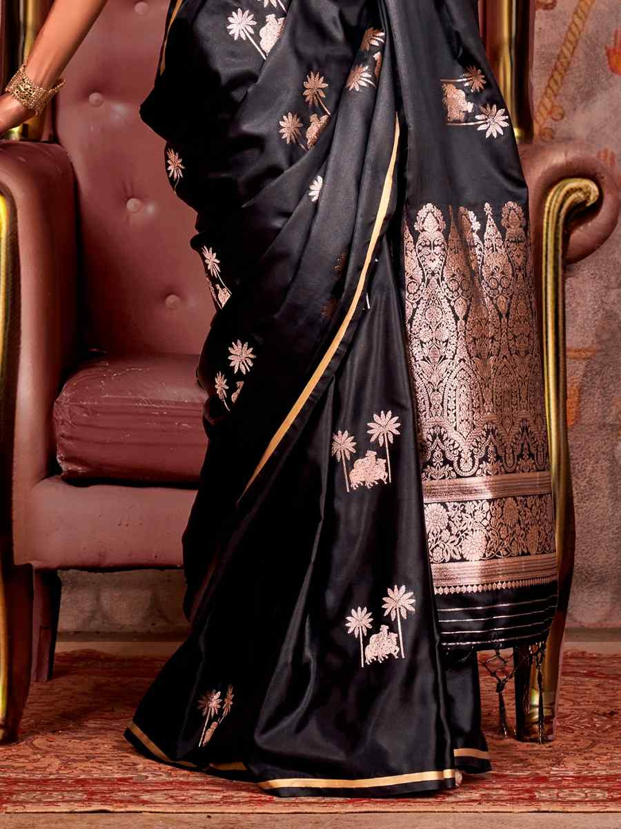 Black Zari Tissue Handwoven Festival Wedding Heavy Border Saree