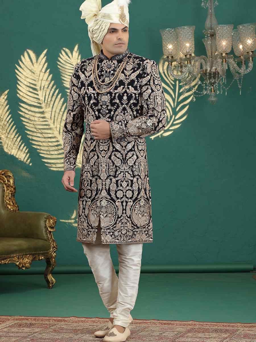 BlackGold Art Silk Embroidered Festival Wedding Mens Sherwani
