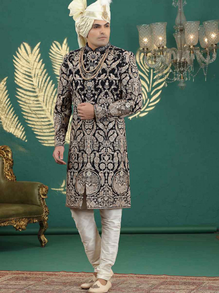 Image of Black/Gold Art Silk Embroidered Festival Wedding Mens Sherwani