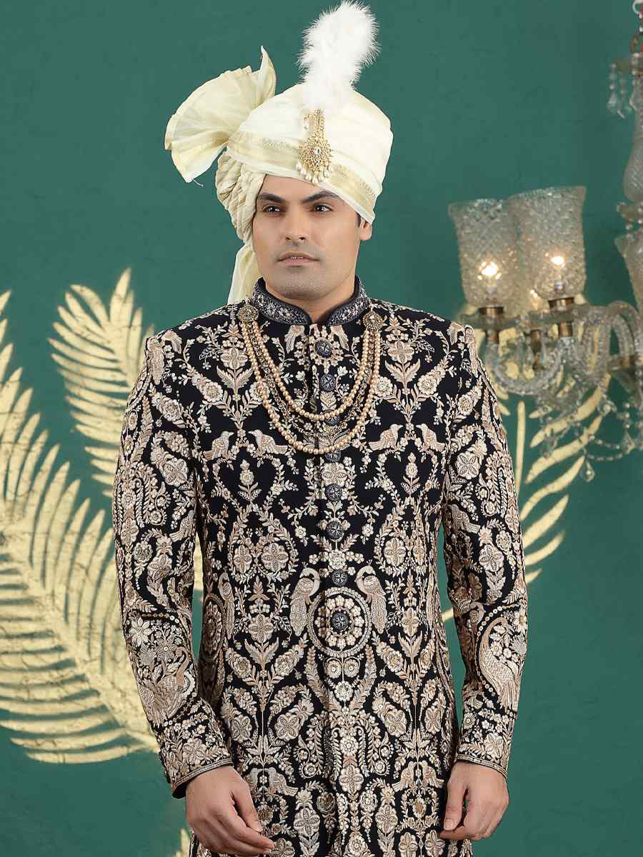 BlackGold Art Silk Embroidered Festival Wedding Mens Sherwani