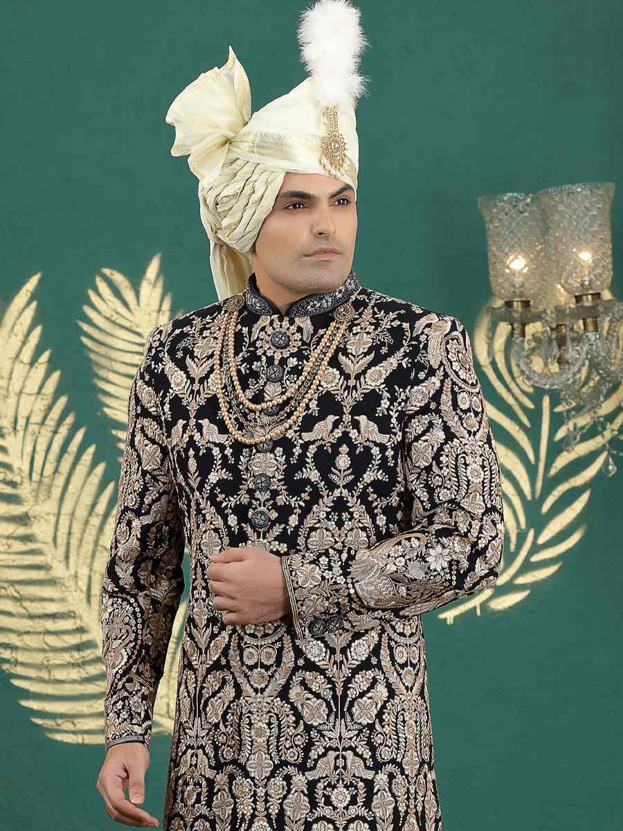 BlackGold Art Silk Embroidered Festival Wedding Mens Sherwani