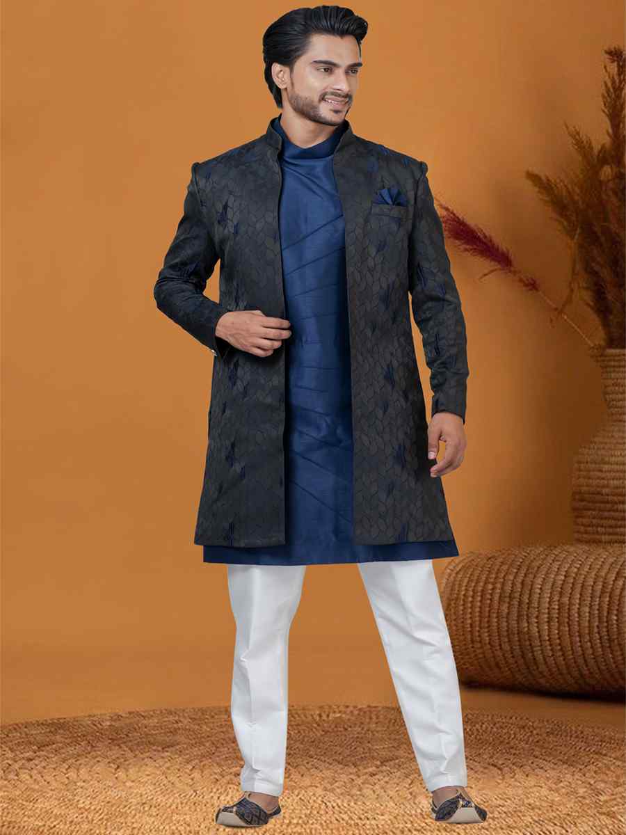 Blackish Blue Jacquard Silk Woven Groom Wedding Sherwani