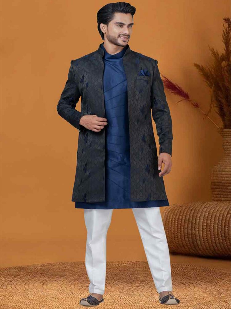 Blackish Blue Jacquard Silk Woven Groom Wedding Sherwani