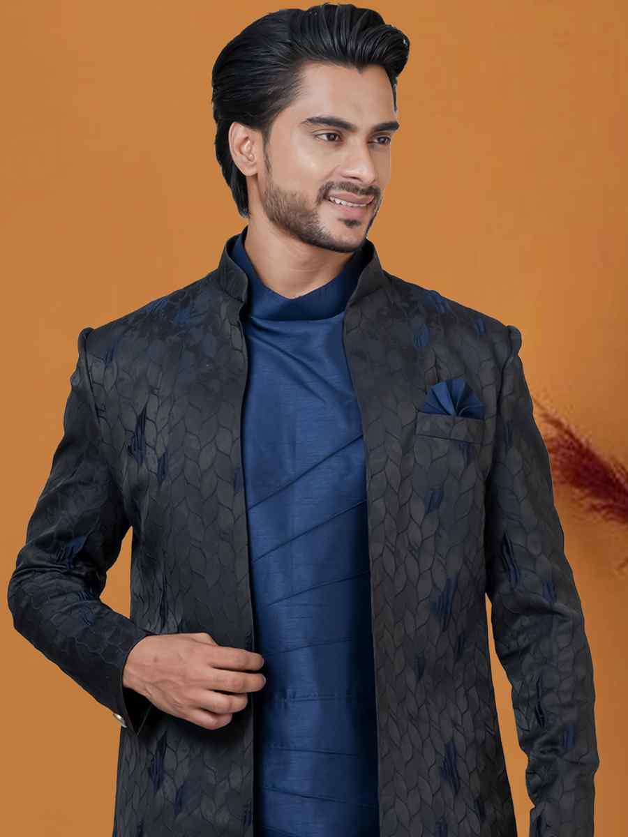 Blackish Blue Jacquard Silk Woven Groom Wedding Sherwani