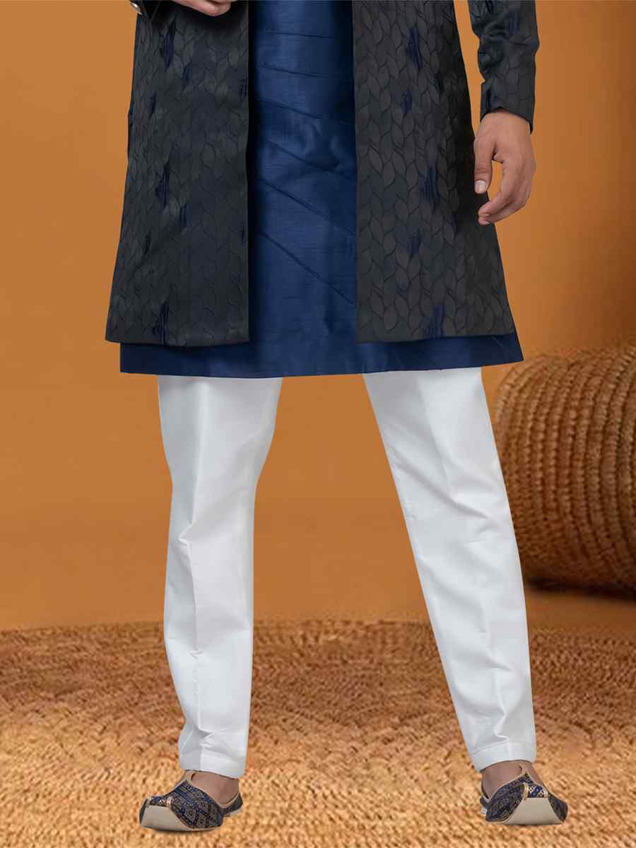 Blackish Blue Jacquard Silk Woven Groom Wedding Sherwani
