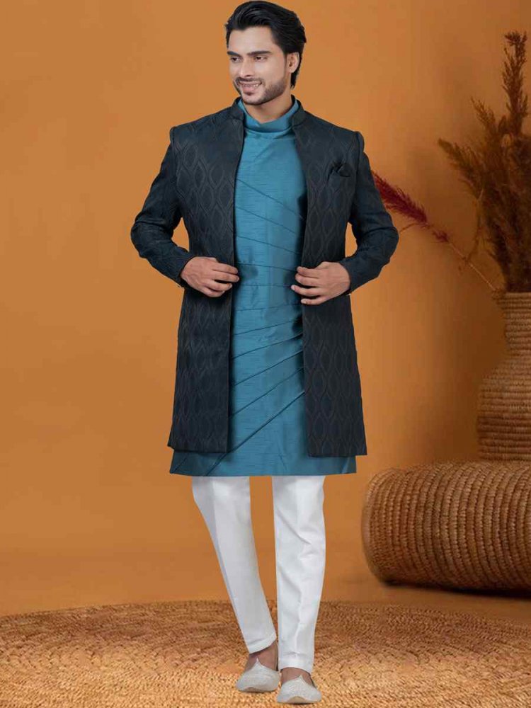 Blackish Blue Jacquard Silk Woven Groom Wedding Sherwani