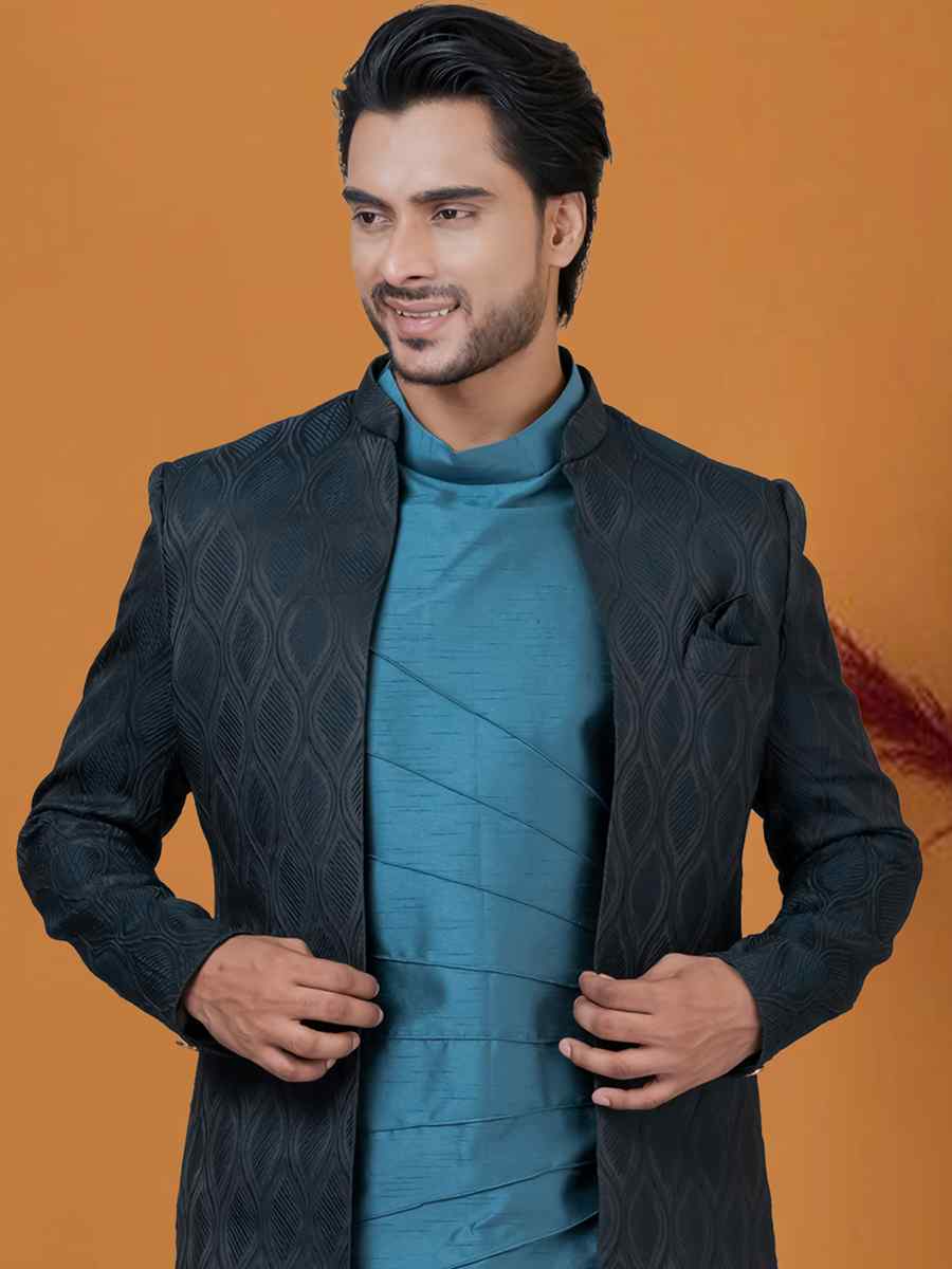 Blackish Blue Jacquard Silk Woven Groom Wedding Sherwani