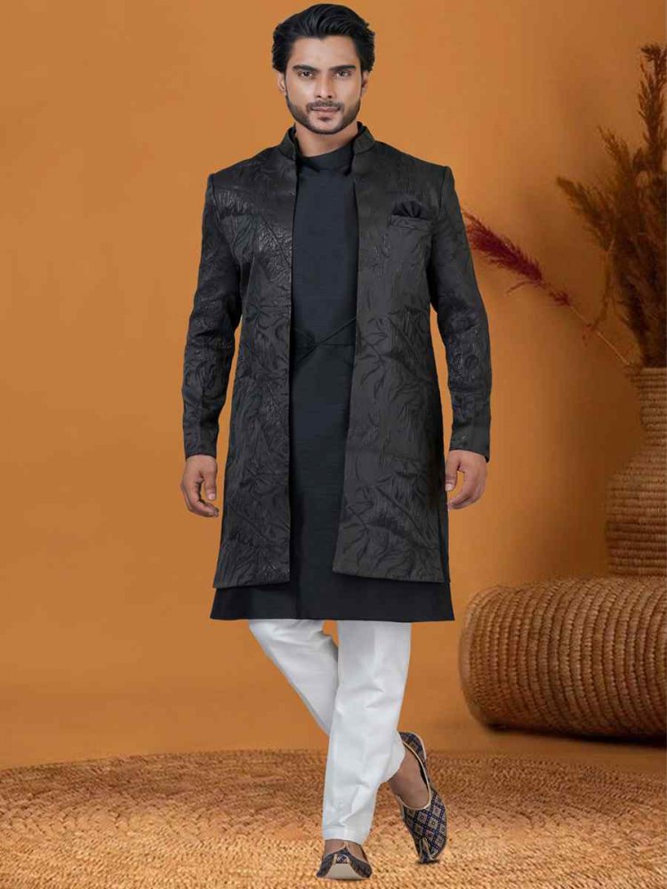 Blackish Blue Jacquard Silk Woven Groom Wedding Sherwani