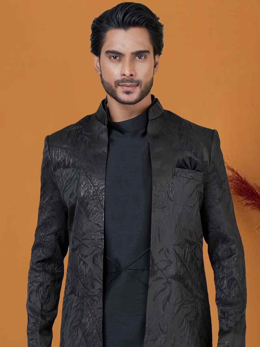 Blackish Blue Jacquard Silk Woven Groom Wedding Sherwani