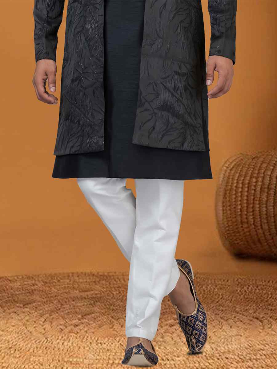 Blackish Blue Jacquard Silk Woven Groom Wedding Sherwani