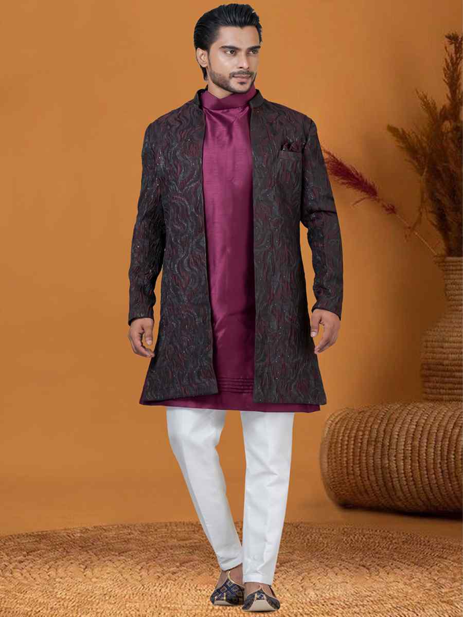 Blackish Wine Jacquard Silk Woven Groom Wedding Sherwani