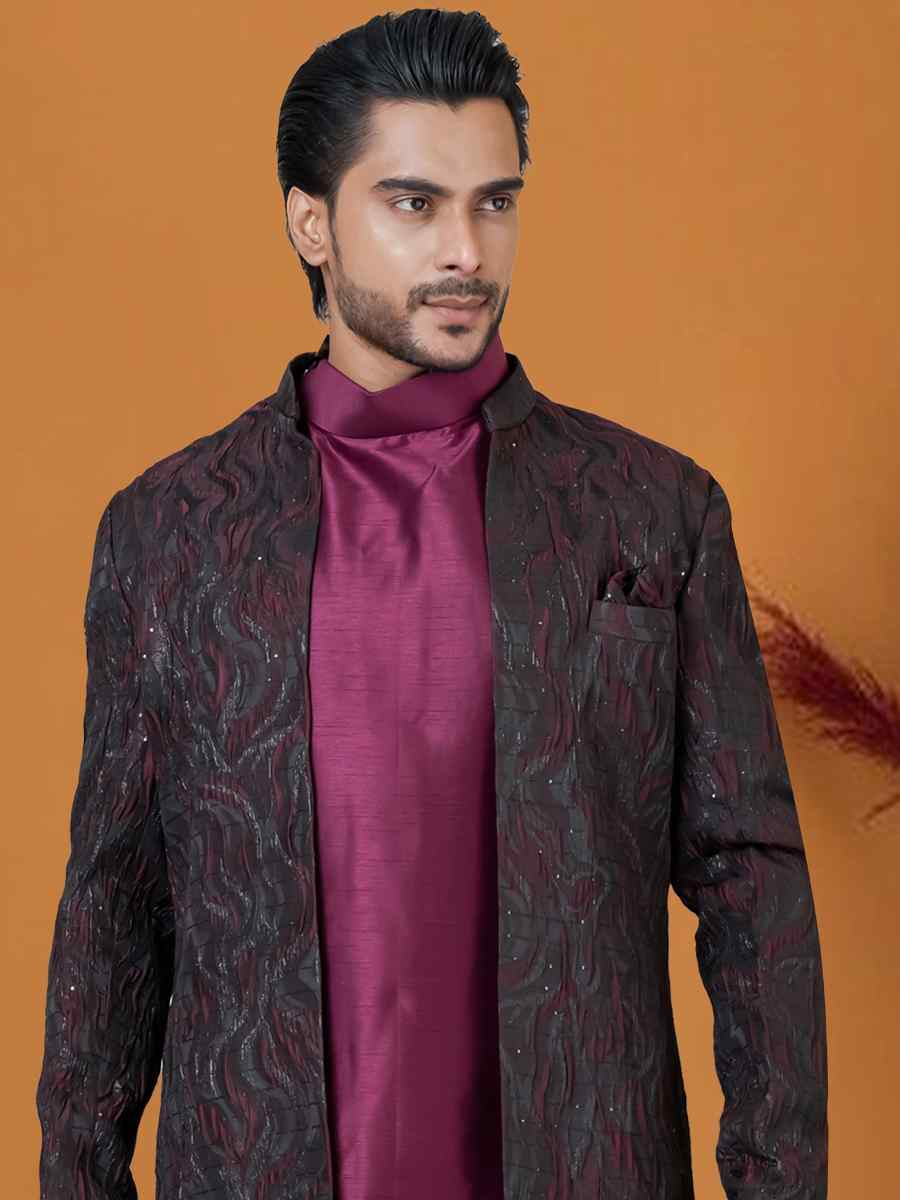 Blackish Wine Jacquard Silk Woven Groom Wedding Sherwani