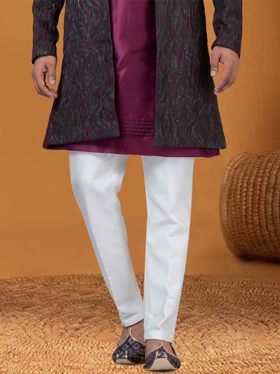 Blackish Wine Jacquard Silk Woven Groom Wedding Sherwani
