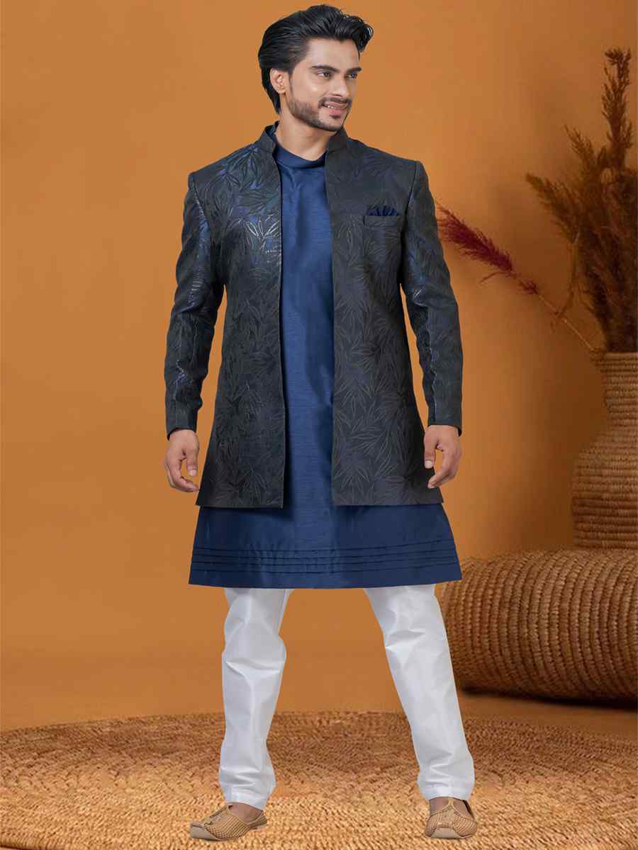 Blakish Blue Green Jacquard Silk Woven Groom Wedding Sherwani