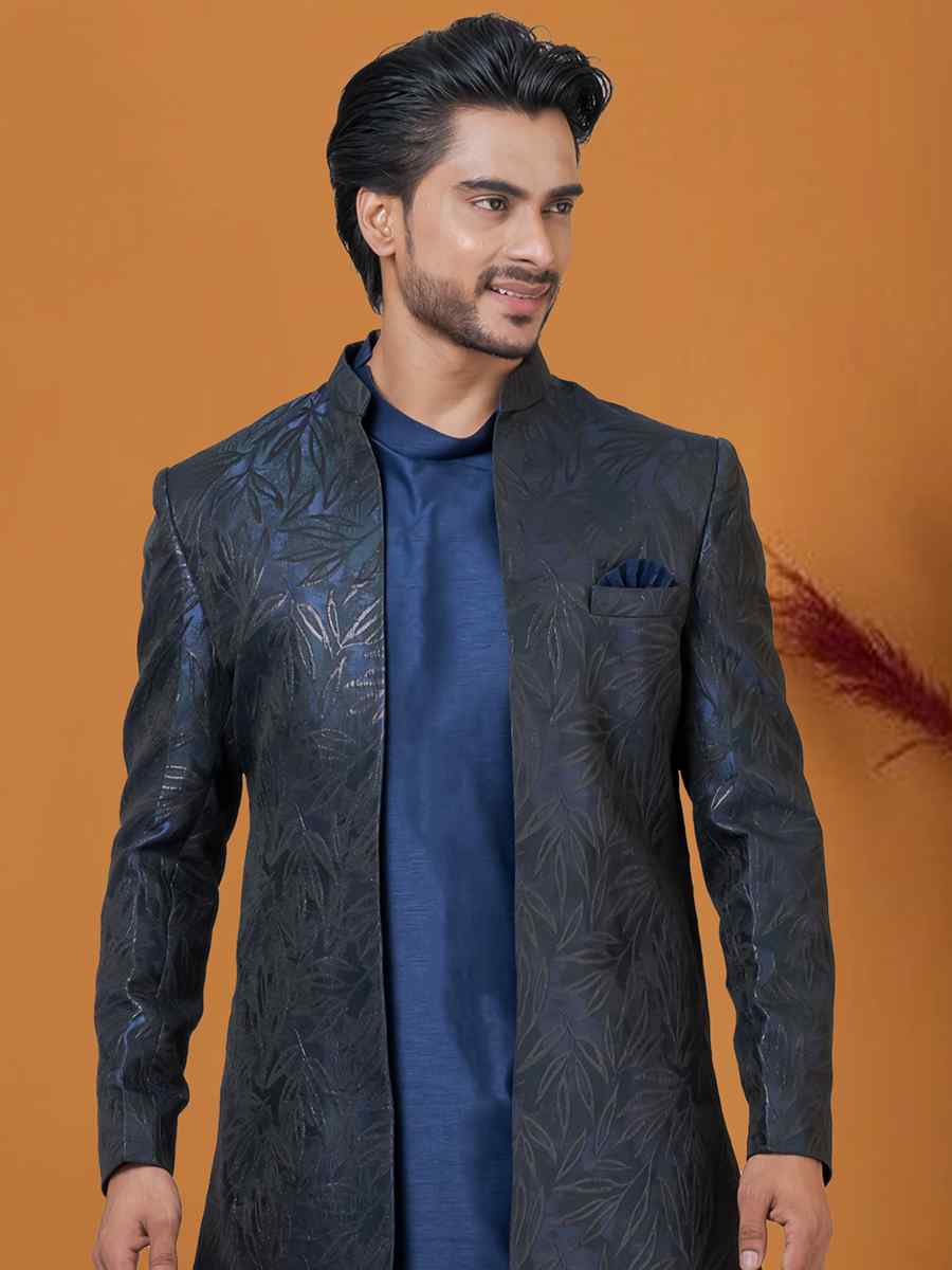 Blakish Blue Green Jacquard Silk Woven Groom Wedding Sherwani