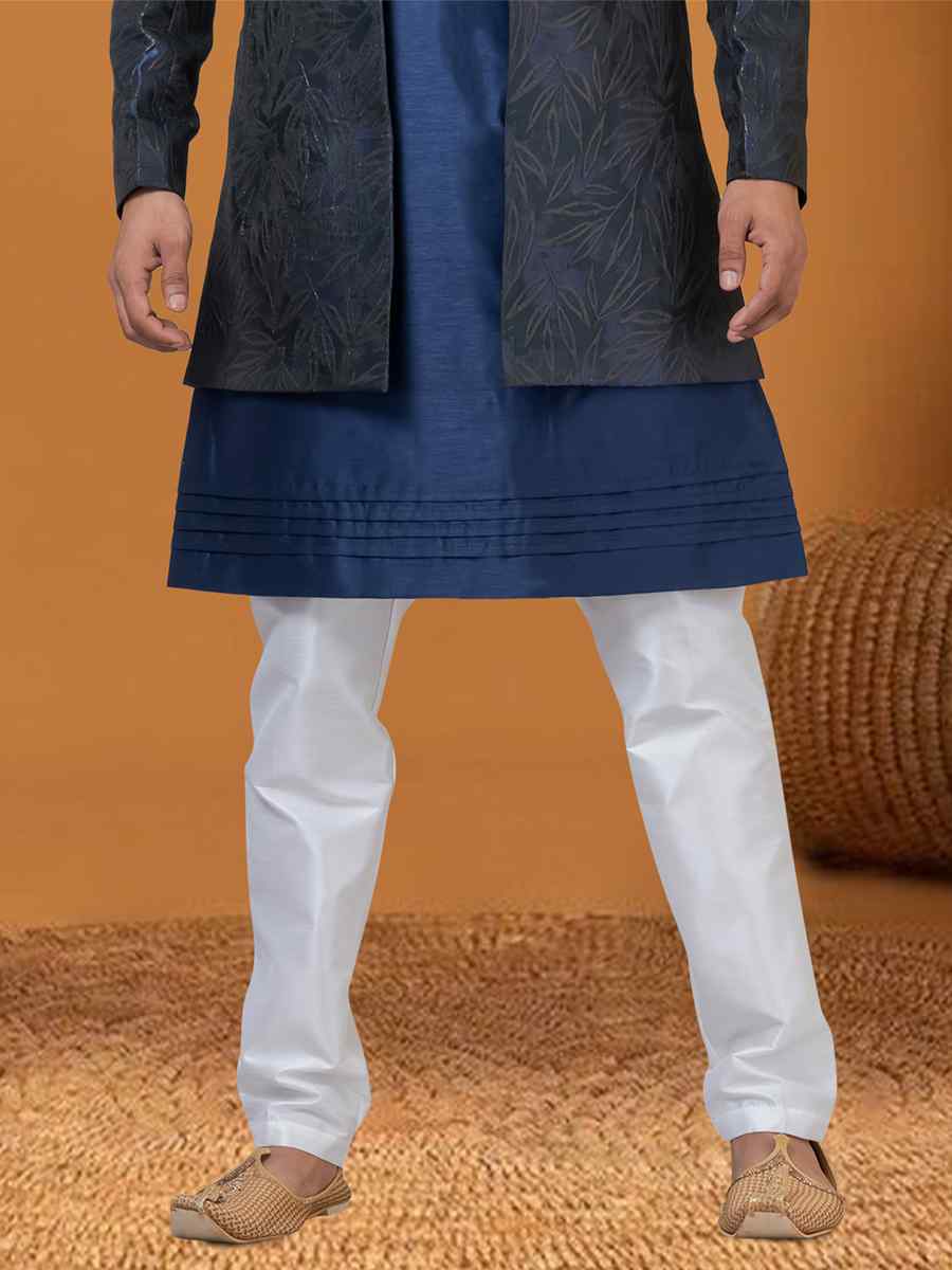 Blakish Blue Green Jacquard Silk Woven Groom Wedding Sherwani