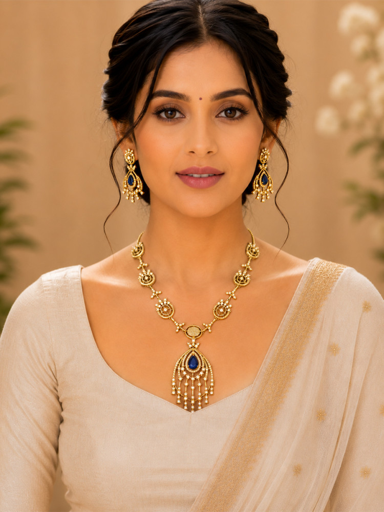 Image of Blue A.D. Stone Gemstone Festival Party Wedding Necklace Set With Earrings