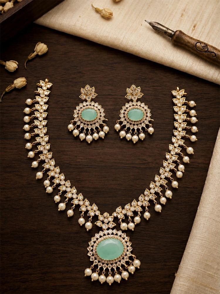 Image of Blue A.D. Stone Kundan Stone Pearls Wedding Party Festival Wear Necklace Set With Earrings