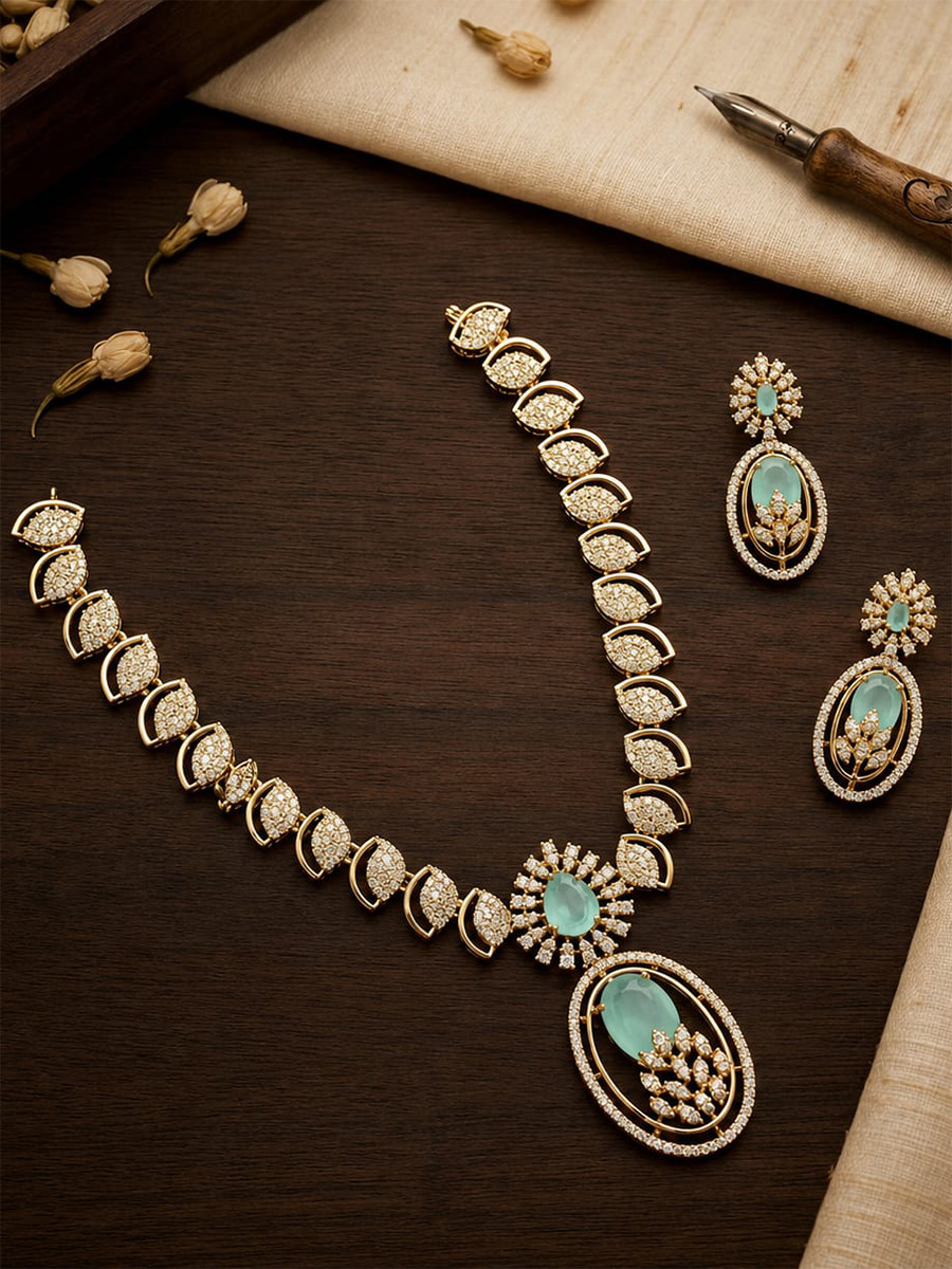 Blue AD Stone Kundan Stone Pearls Wedding Party Festival Wear Necklace Set With Earrings