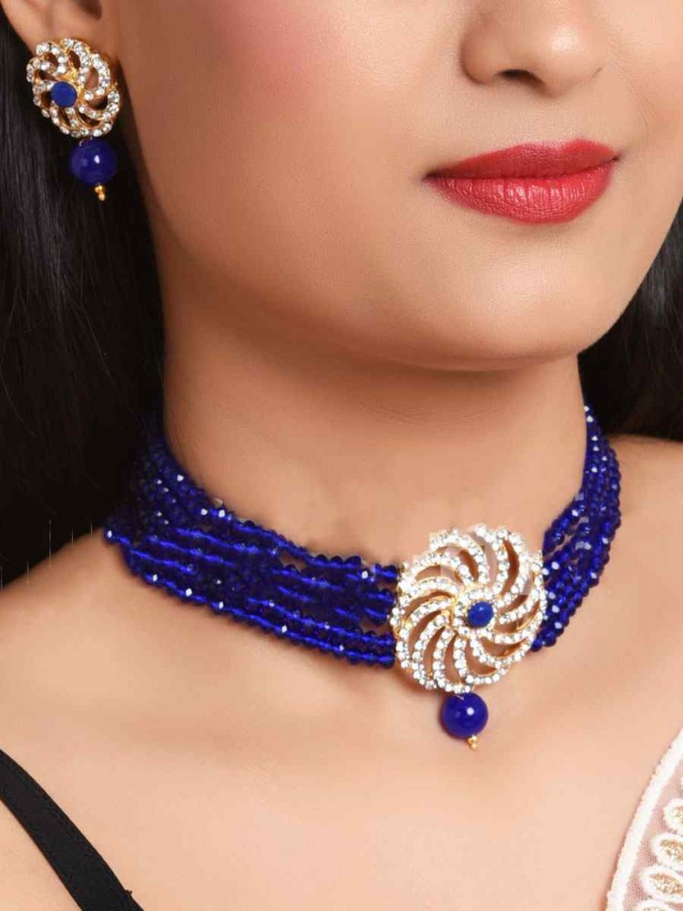 Blue Alloy Bridal Wear Kundan Necklace