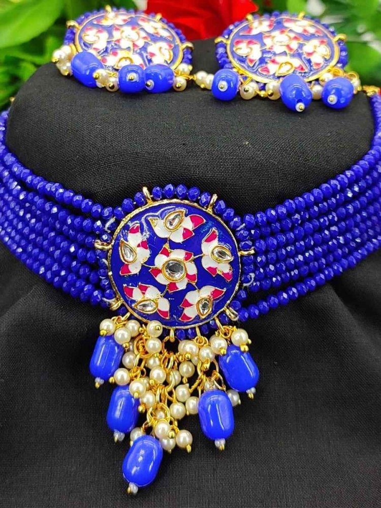 Blue Alloy Bridal Wear Kundan Necklace
