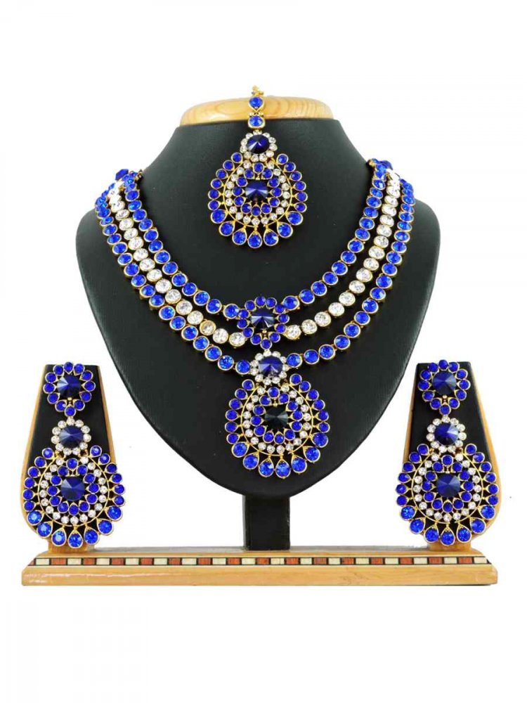 Blue Alloy Festival Wear Diamonds Necklace