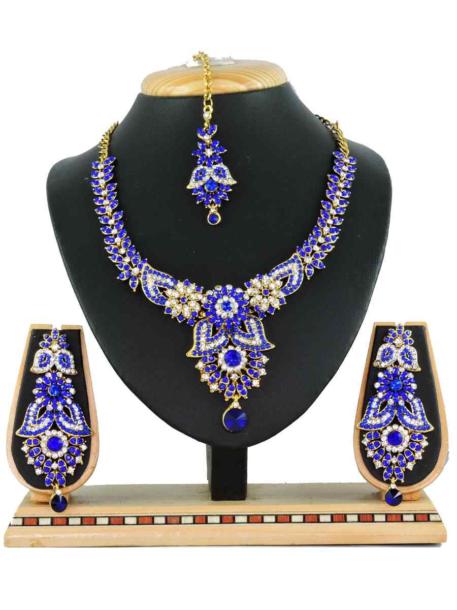 Blue Alloy Festival Wear Diamonds Necklace