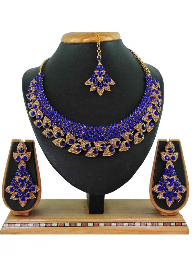 Blue Alloy Festival Wear Diamonds Necklace