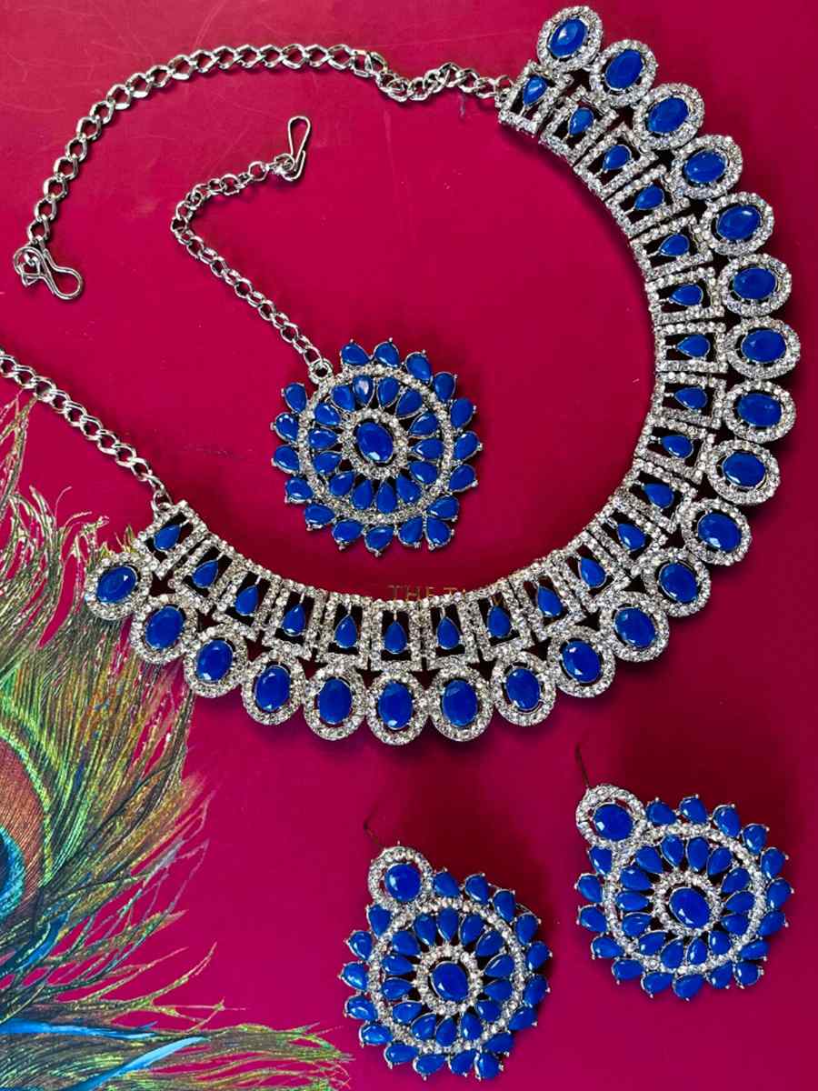 Blue Alloy Festival Wear Diamonds Necklace
