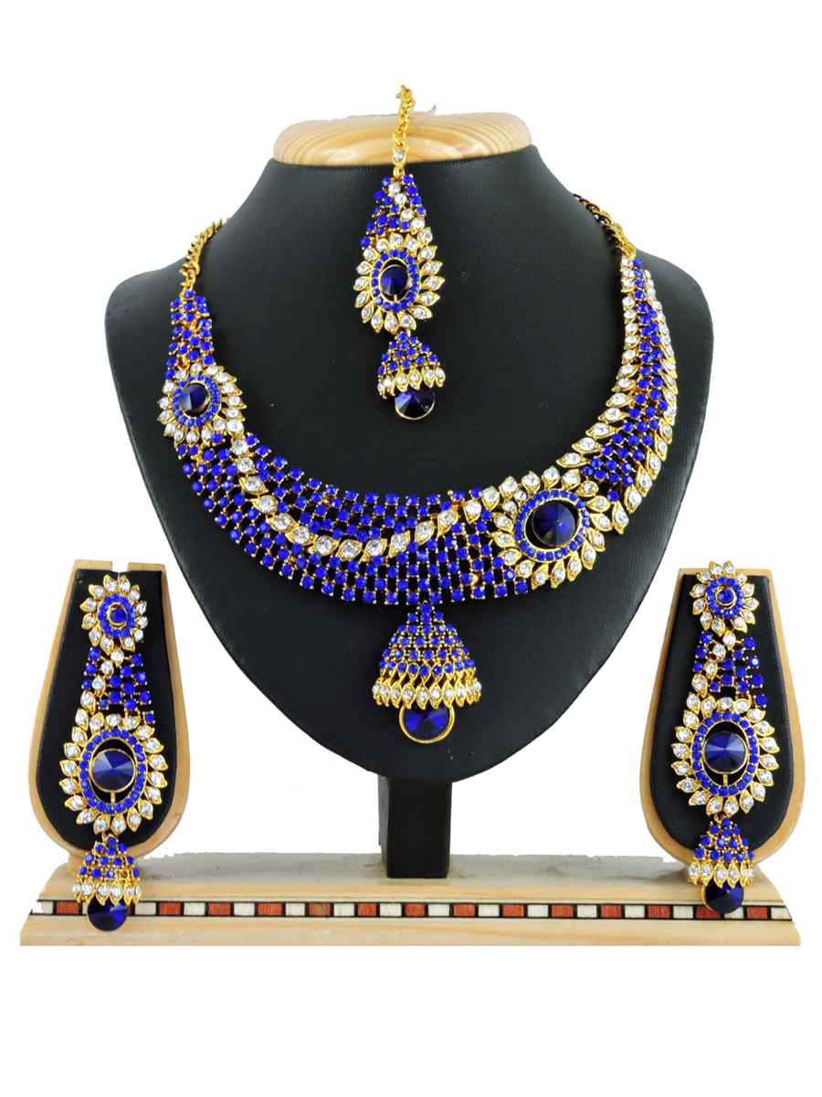 Blue Alloy Festival Wear Diamonds Necklace